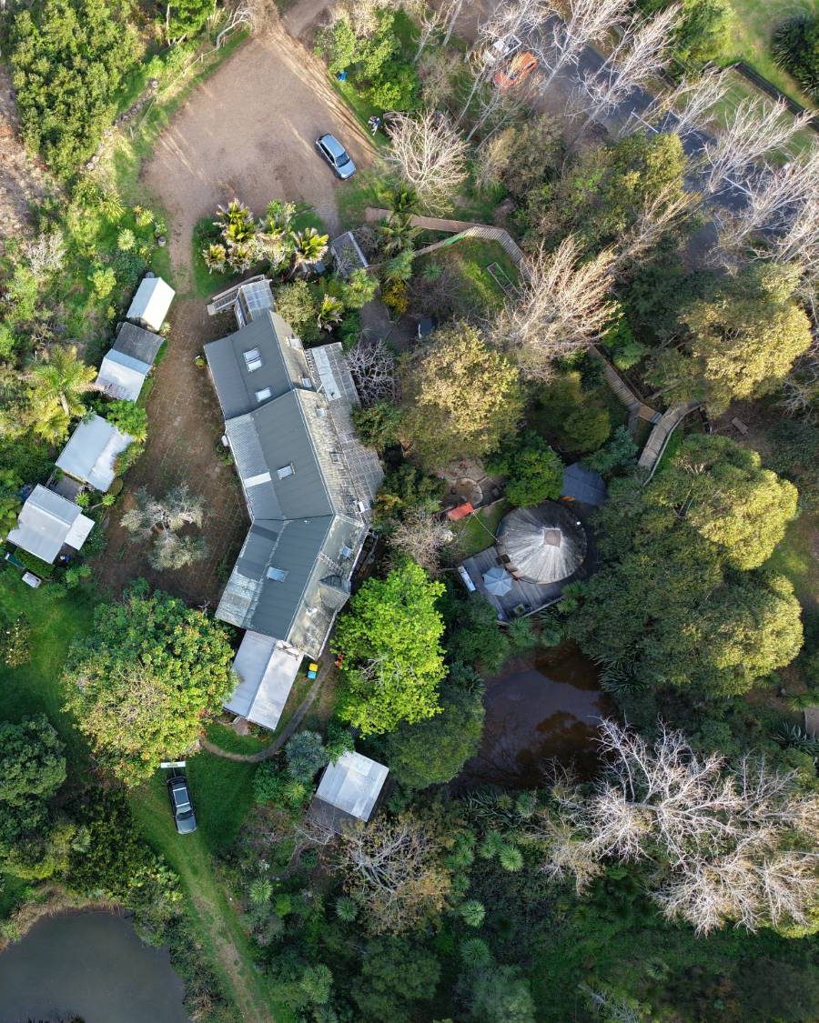 Fossil Bay from above: the school building, yurt, gardens and ponds, beside the vineyards