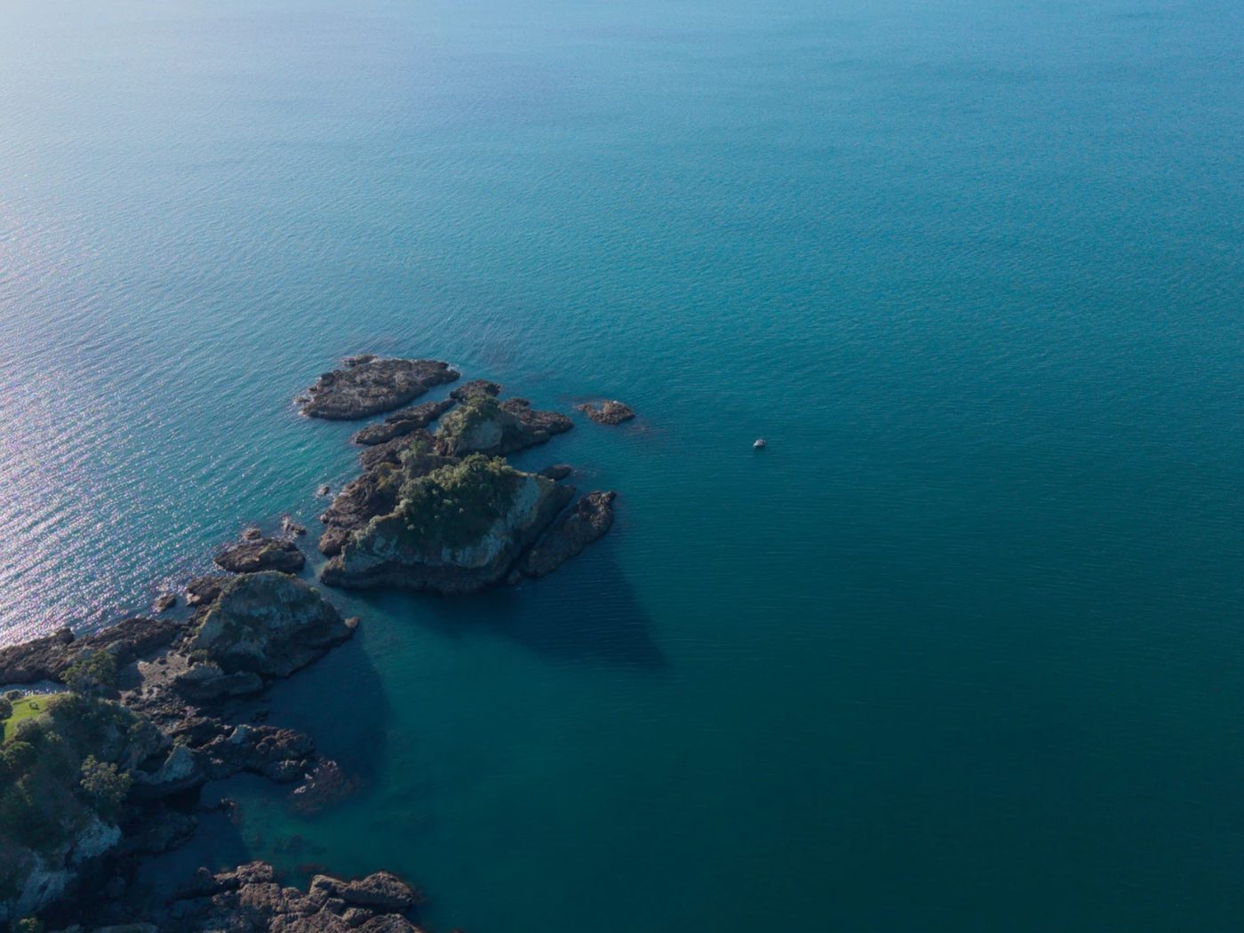 Waiheke's rocky coastline and the calm blue sea of the Hauraki Gulf, seen from above